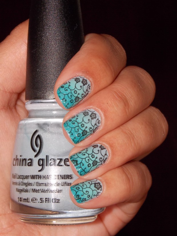 Blue, Turquoise And Tiny Floral Nail Art