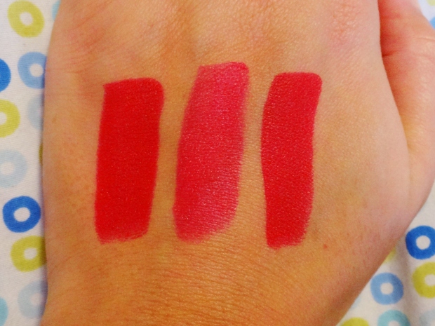 Swatches of L'Oreal Paris Collection Exclusive Pure Reds by Colour Riche Lipsticks - Blake's Pure Red, Freida's Pure Red, and J.Lo's Pure Red